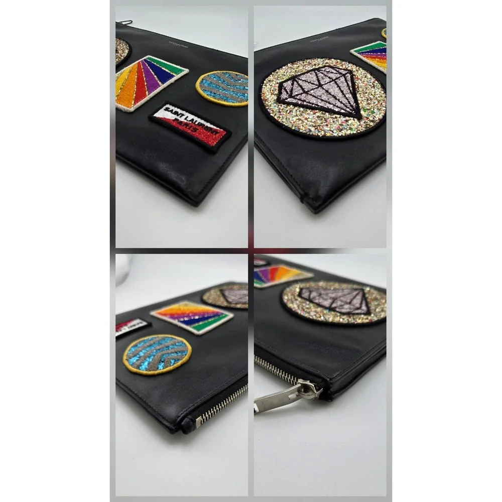 Saint Laurent Paris Black Leather Patch Clutch Glitter Diamond Pouch COA